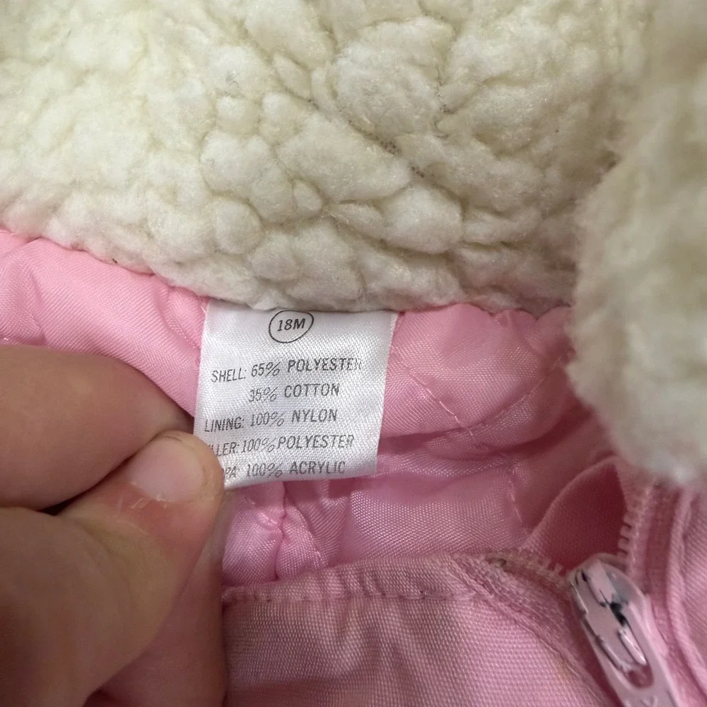 Vintage Pink Toddler Snowsuit 18M Cat Applique Faux Shearling Hood Quilted